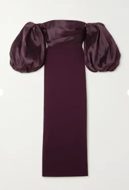 SOLACE LONDON Carmen off-the-shoulder gathered satin and crepe maxi dress for rent on The Volte - image 1