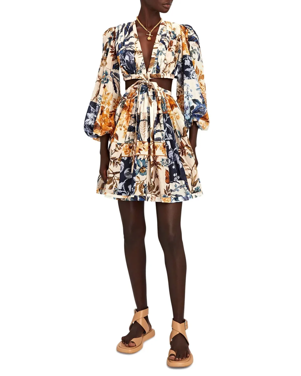 Zimmermann Aliane Cut Out Short Dress Patchwork Floral Size 0 / AU 8 for rent on The Volte - main image