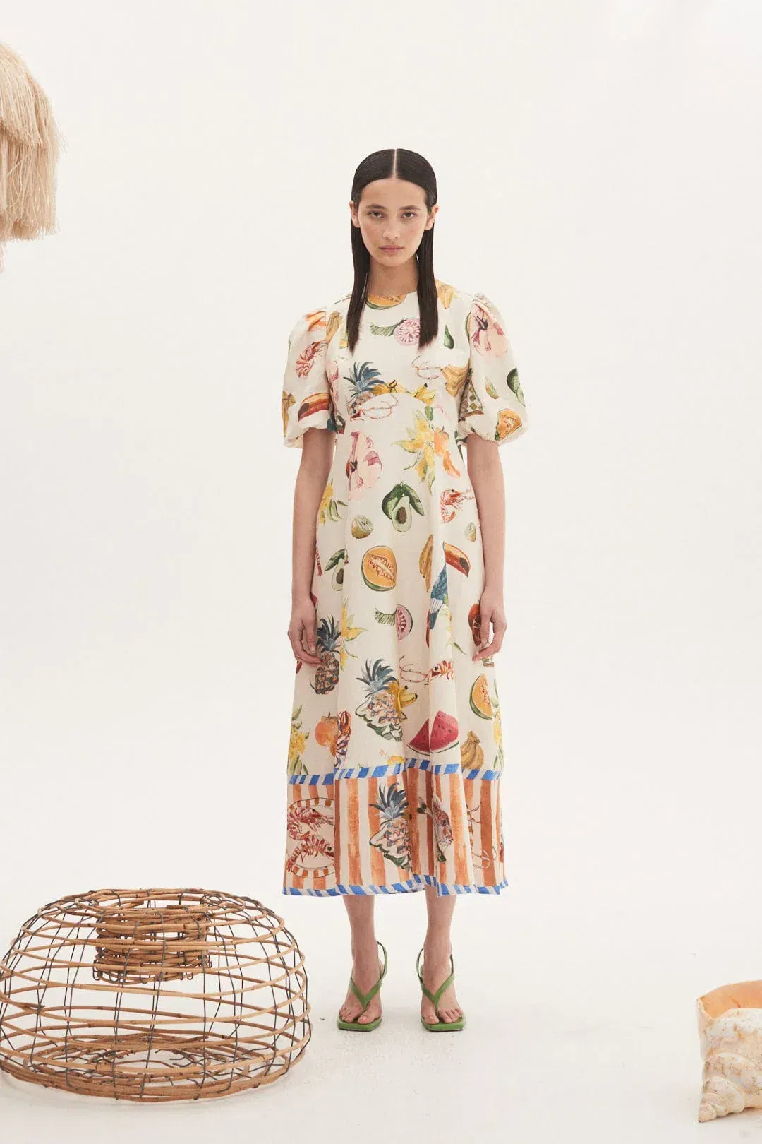 Alemais Theo Midi Linen Puff Sleeve Dress Print Size 12 for rent on The Volte - main image