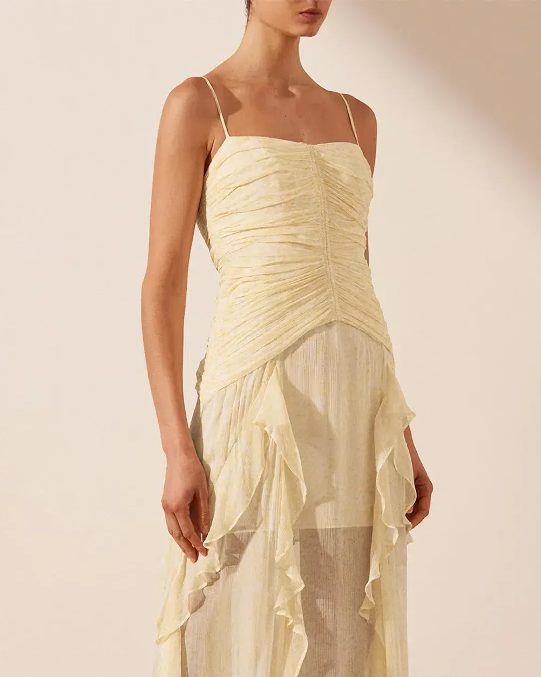 Shona Joy Gina Ruched Frill Maxi Dress in Limoncello Size 6 for rent on The Volte - main image