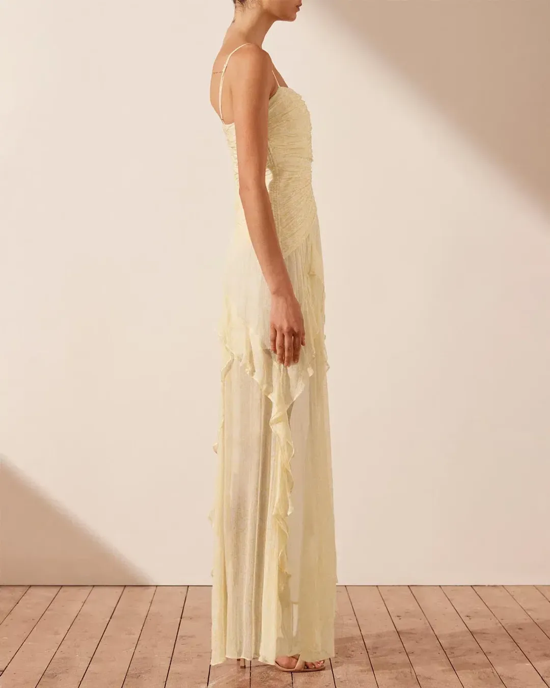 Shona Joy Gina Ruched Frill Maxi Dress in Limoncello Size 6 for rent on The Volte - main image