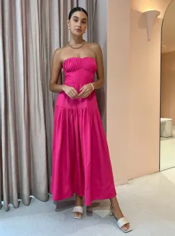 Shona Joy Joanine Linen Strapless Ruched Midi Dress Pink Size 8 / S for rent on The Volte - image 1