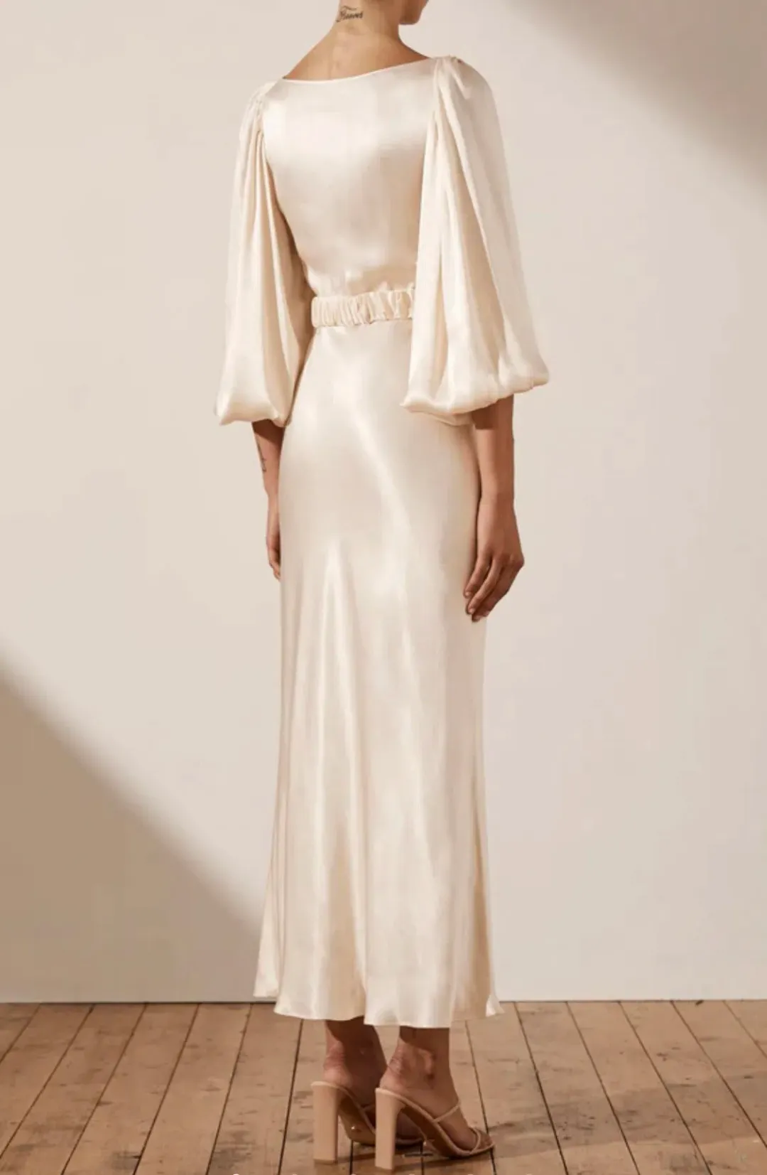 Shona Joy La Lune Balloon Sleeve Midi Dress with Belt Cream Size 6 / XS for rent on The Volte - main image