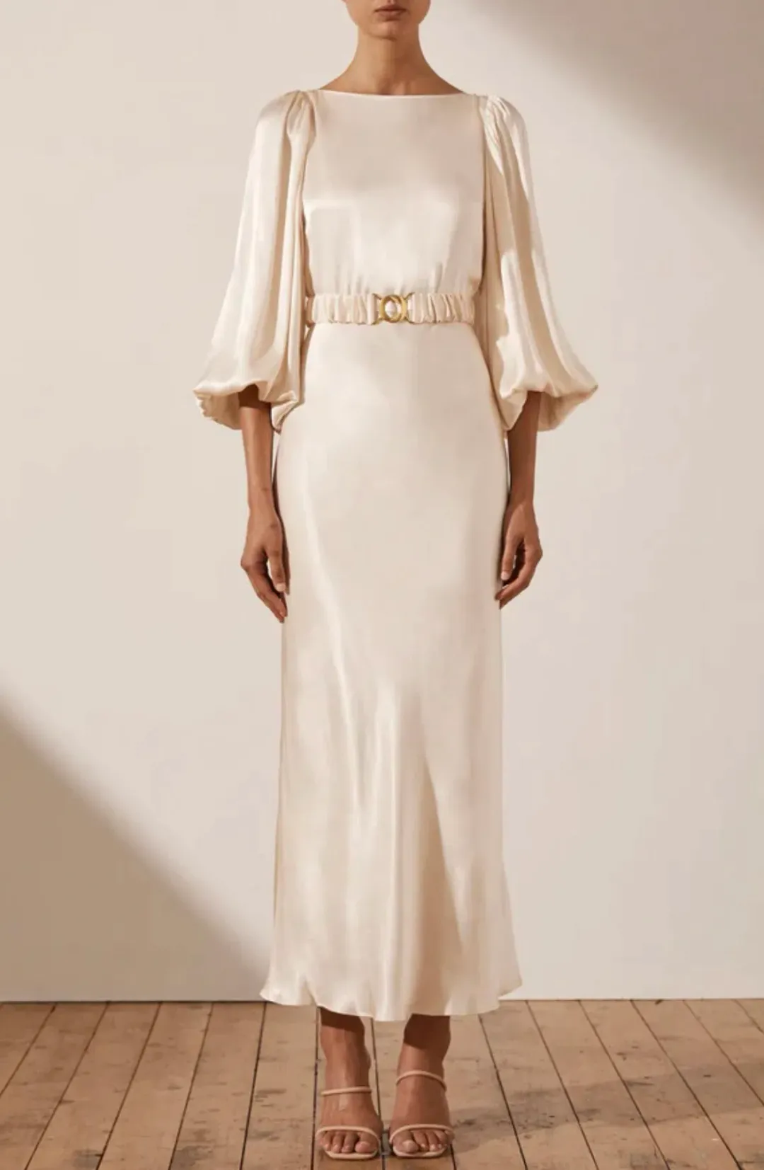 Shona Joy La Lune Balloon Sleeve Midi Dress with Belt Cream Size 6 / XS for rent on The Volte - main image
