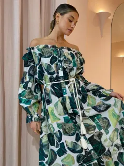 Alemais Siena Off Shoulder Shirt Midi Dress In Green Floral Long Sleeve Green Size AU 14 for rent on The Volte - image 3