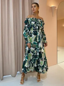Alemais Siena Off Shoulder Shirt Midi Dress In Green Floral Long Sleeve Green Size AU 14 for rent on The Volte - image 4