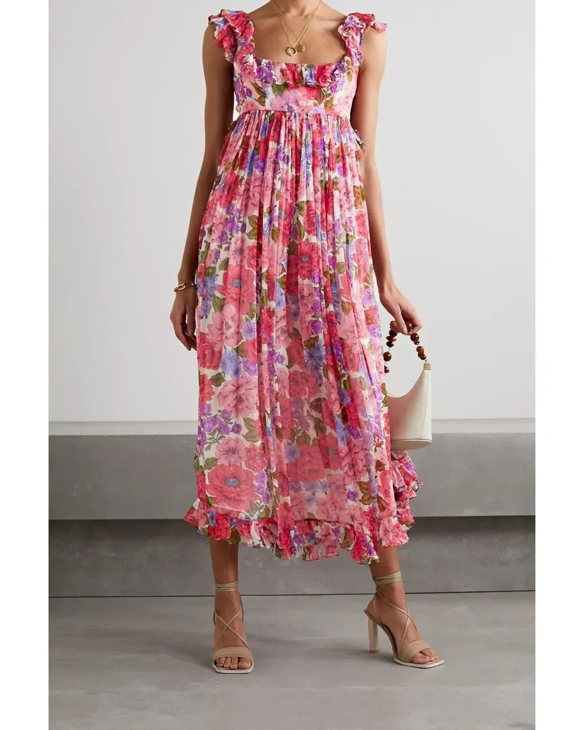 Zimmermann Poppy Frill Edge Midi Dress Pink Floral Size 0 / Au 8  for rent on The Volte - main image