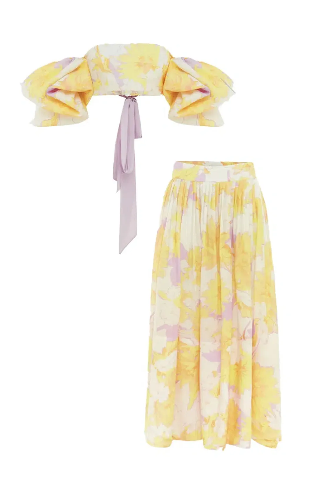Leo Lin Simone Puff Top in Size 10 & Elina Pleated Midi Skirt in Size 8 Set Jasmine Print in Sun for rent on The Volte - main image