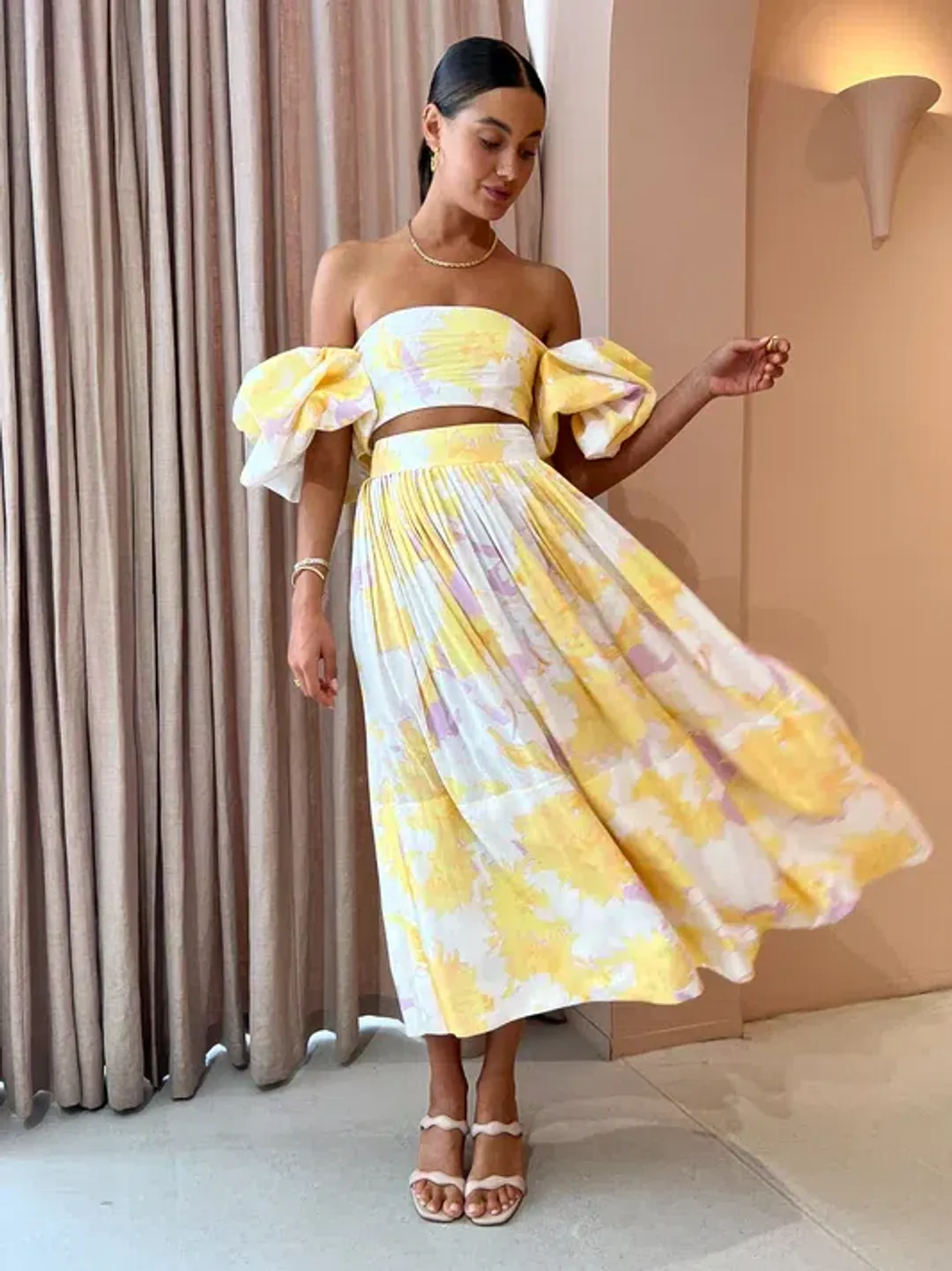 Leo Lin Simone Puff Top in Size 10 & Elina Pleated Midi Skirt in Size 8 Set Jasmine Print in Sun for rent on The Volte - main image