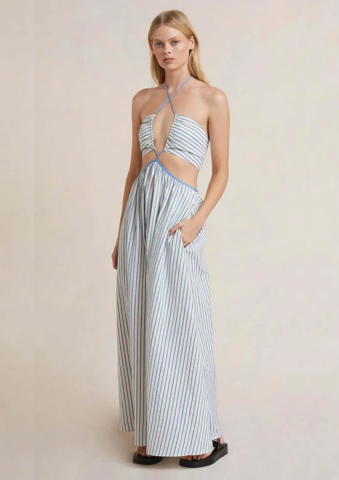 Bec & Bridge Lucia Cutout Maxi Dress White/Blue Size 12 for rent on The Volte - main image