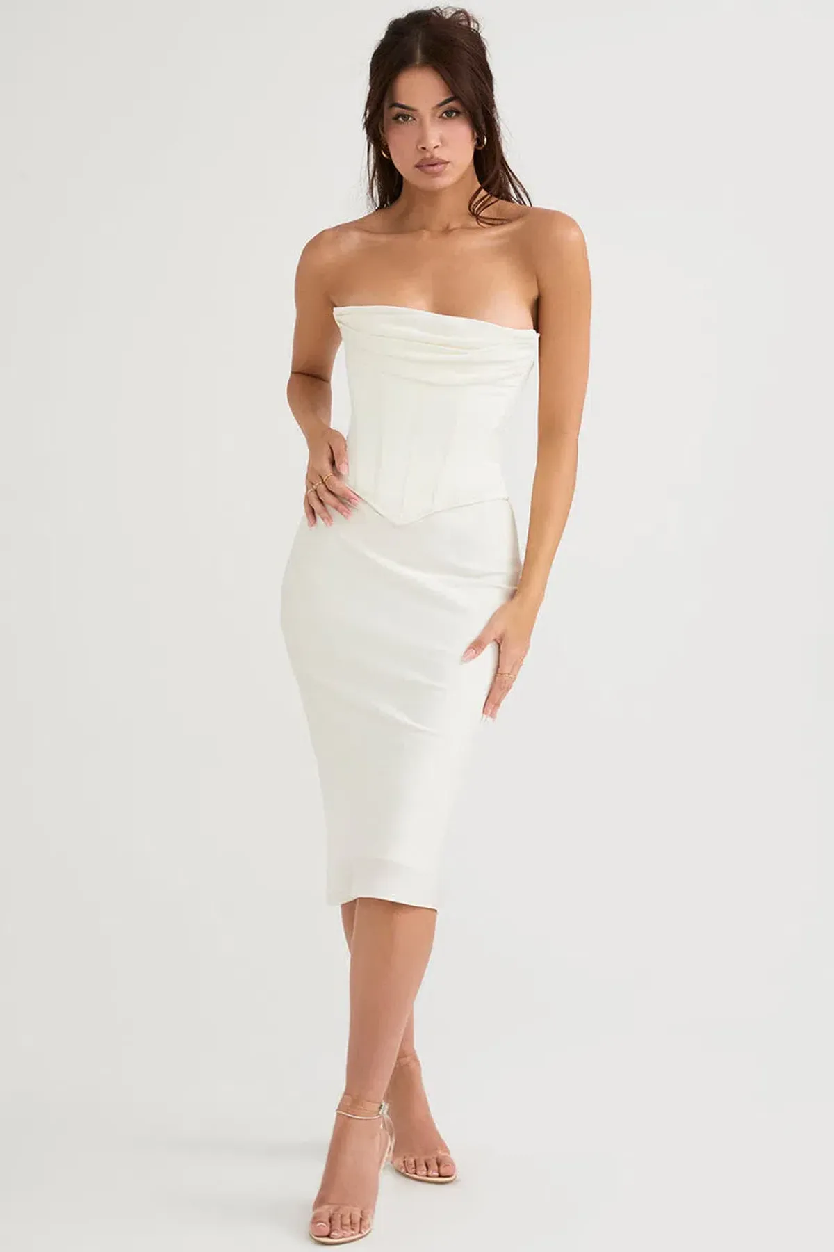 House Of Cb Sienna Satin Strapless Dress Ivory Size M/Au 10  for rent on The Volte - main image