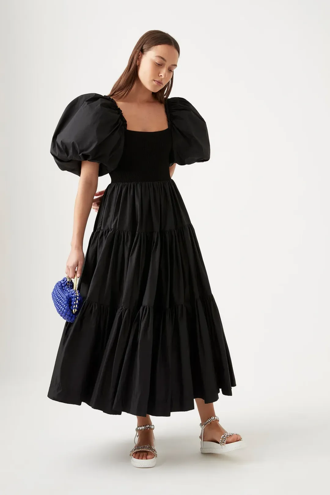 Aje Cherished Casa Puff Sleeve Midi Dress Black Tiered Size AU 8 for rent on The Volte - main image