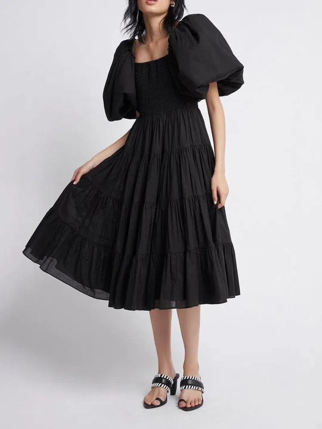 Aje Cherished Casa Puff Sleeve Midi Dress Black Tiered Size AU 8 for rent on The Volte - main image