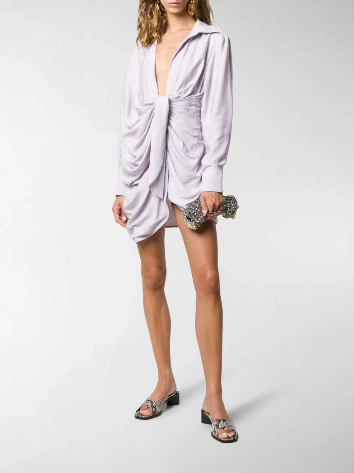 Jacquemus La Robe Bahia Knotted Shirt Dress Mini Lilac Size AU 8 for rent on The Volte - main image