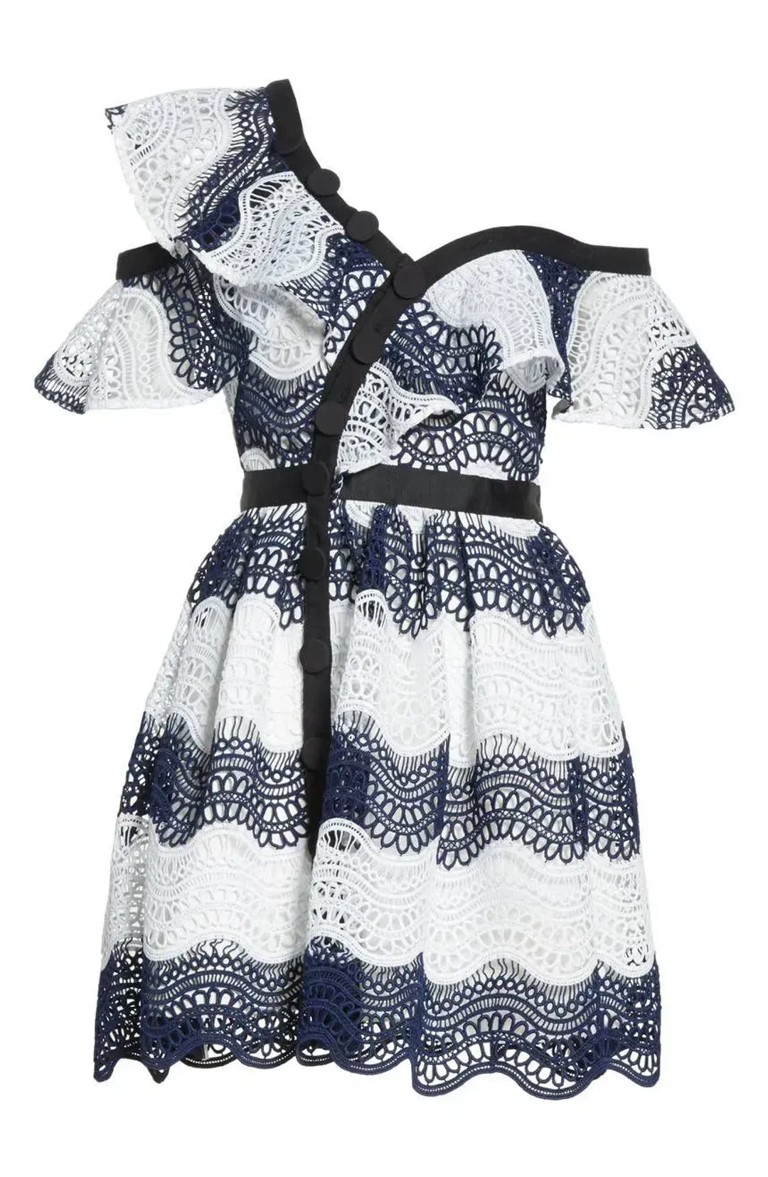 Self Portrait Wave Lace Frill Minidress Dress White/Navy Size10 for rent on The Volte - main image