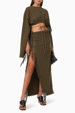 Christopher Esber Tassel Sleeve Scarf Crop Top and Sarong Skirt Set Green Size 8 for rent on The Volte - image 1