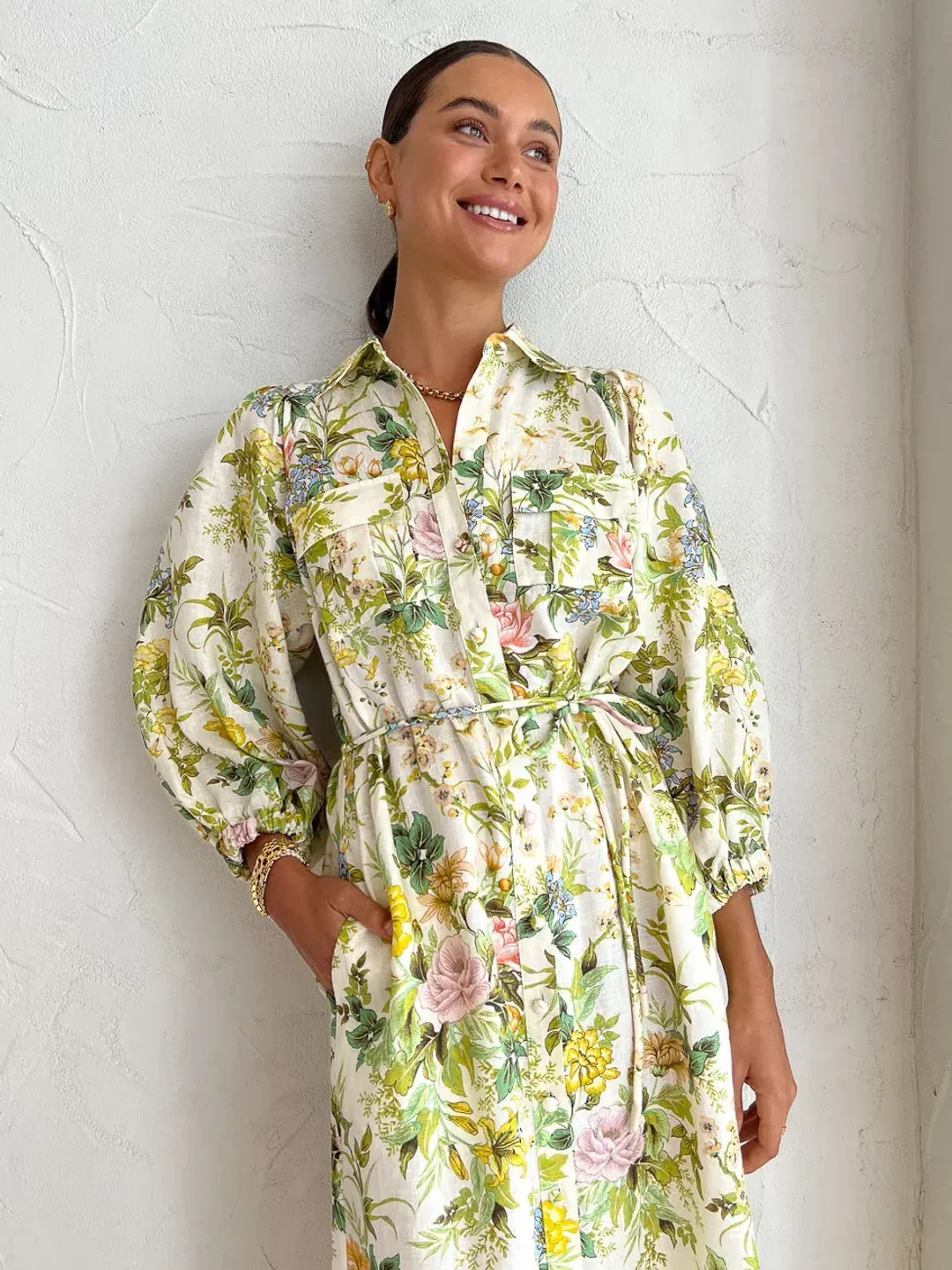 Alemais Eden Midi Shirt Dress Belted Floral Print Linen Size AU 10  for rent on The Volte - main image