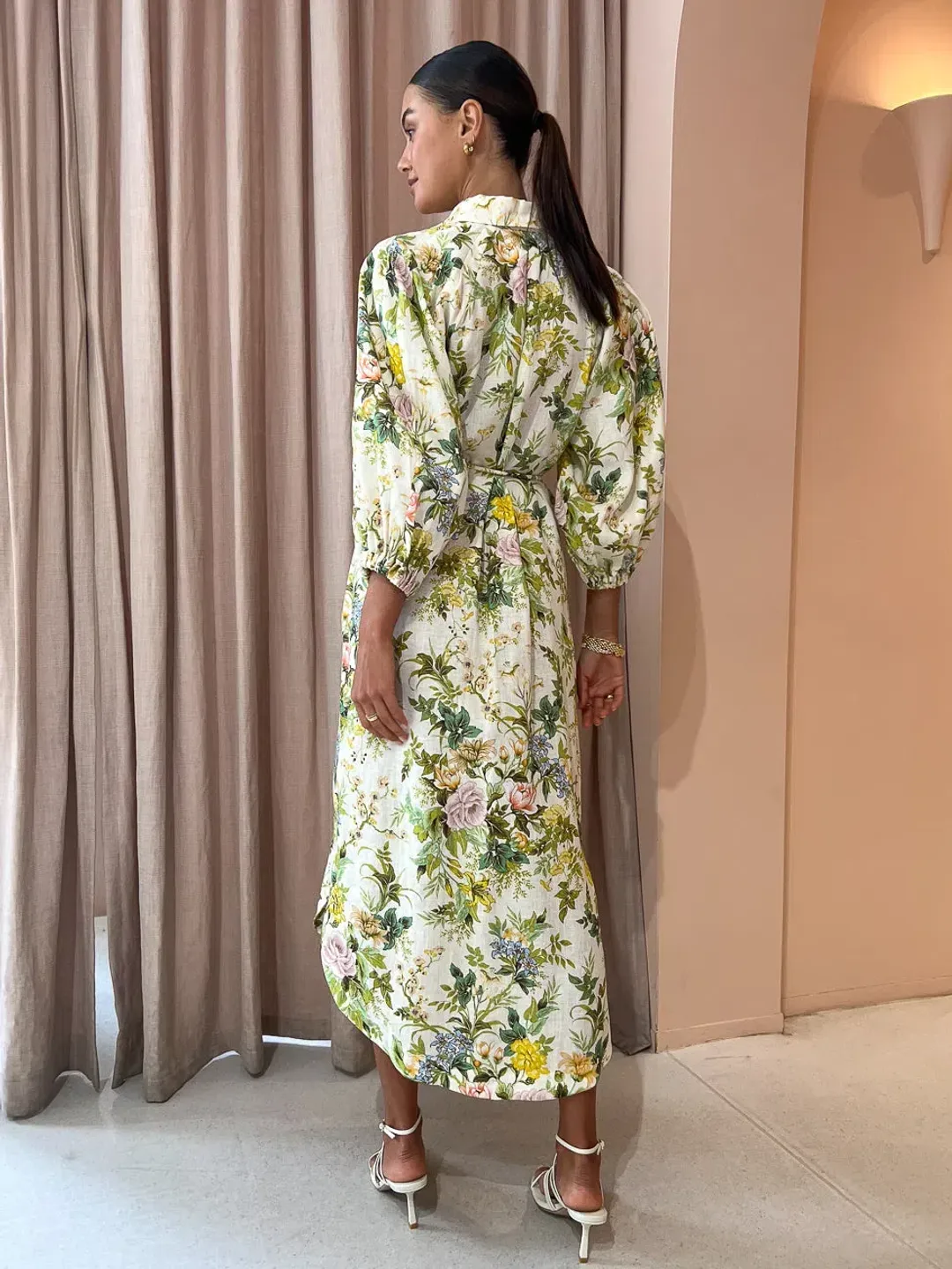 Alemais Eden Midi Shirt Dress Belted Floral Print Linen Size AU 10  for rent on The Volte - main image