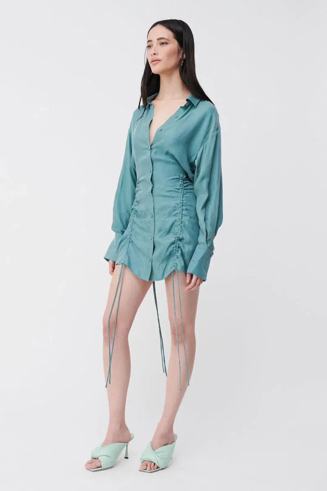 Suboo Seafoam Andy Ruched Mini Shirt Dress Blue  Size M / AU 10 for rent on The Volte - main image
