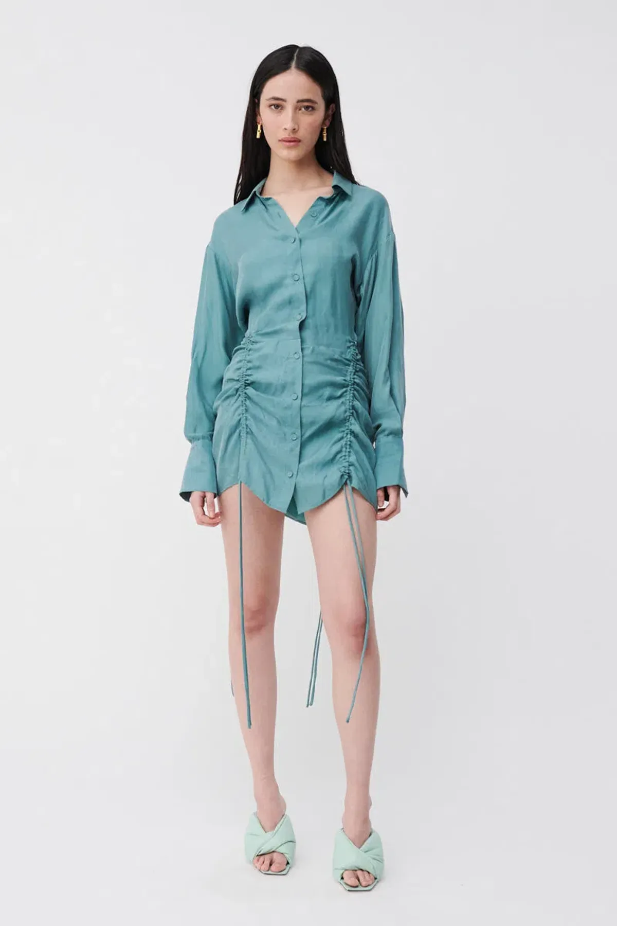 Suboo Seafoam Andy Ruched Mini Shirt Dress Blue  Size XS / AU 6 for rent on The Volte - main image