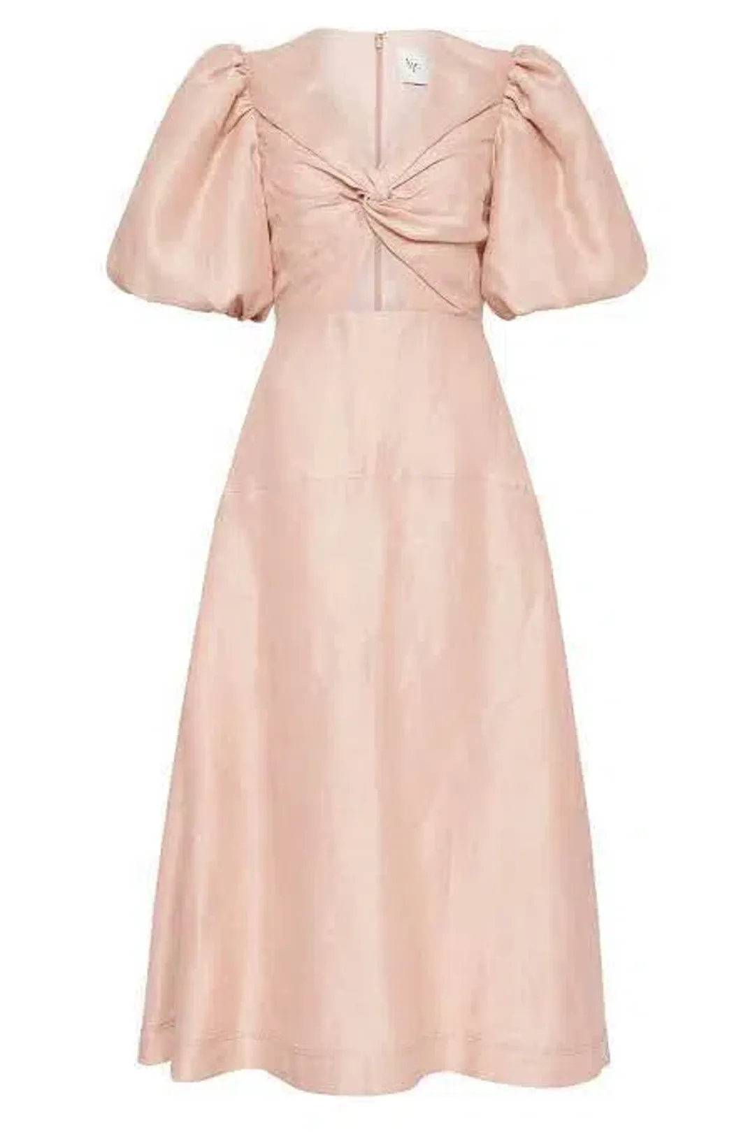 AJE DUSK KNOT PUFF SLEEVE MIDI DRESS BLUSH SIZE 8 for rent on The Volte - main image