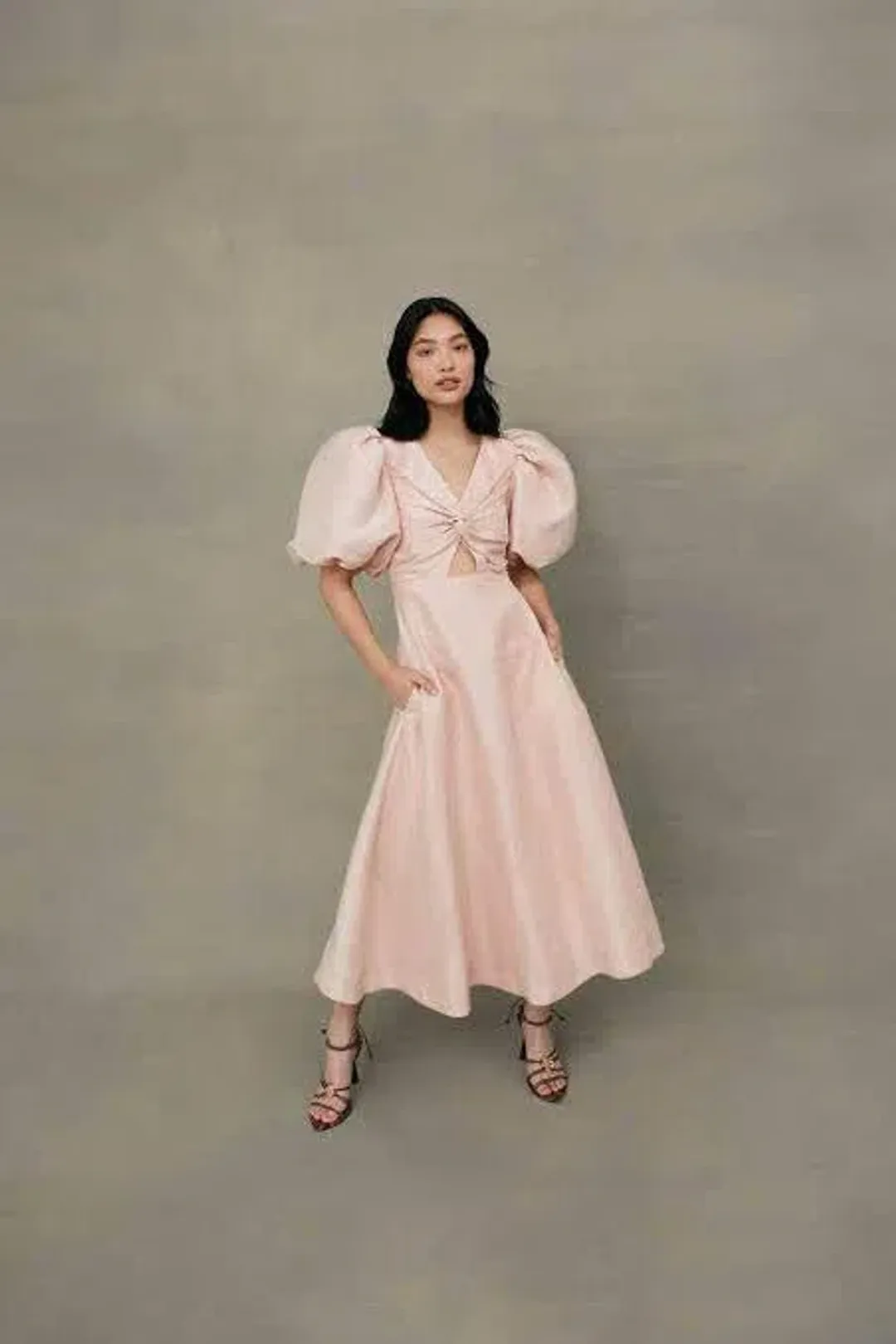 AJE DUSK KNOT PUFF SLEEVE MIDI DRESS BLUSH SIZE 8 for rent on The Volte - main image