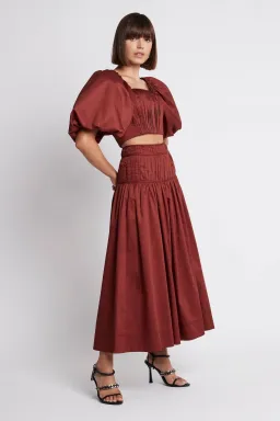 Aje Enamour Midi Skirt & Puffed Sleeve Cropped Top Set Burgundy Size 4 for rent on The Volte - image 1