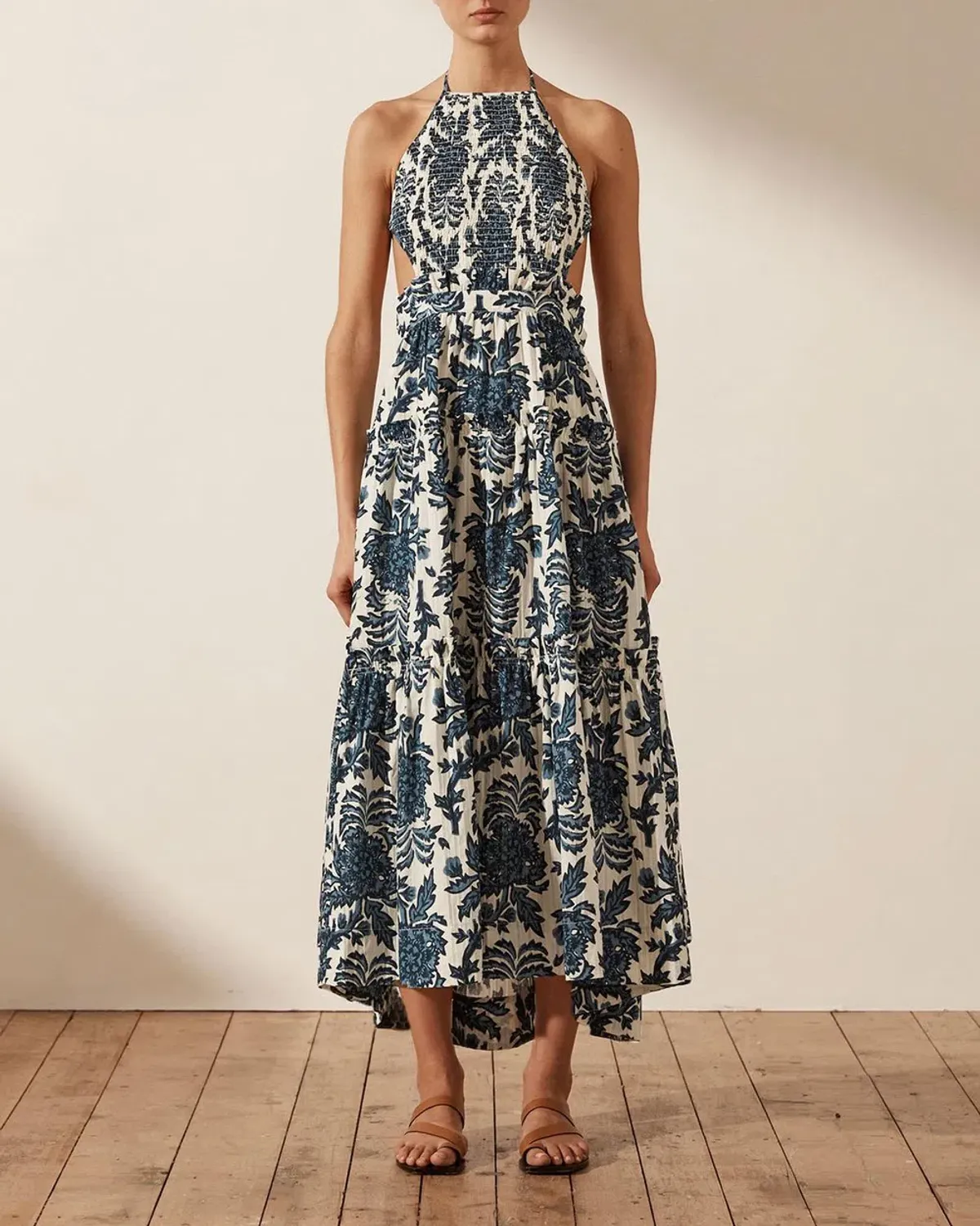 Shona Joy Diana Shirred Backless Midi Dress Floral Size 16 for rent on The Volte - main image