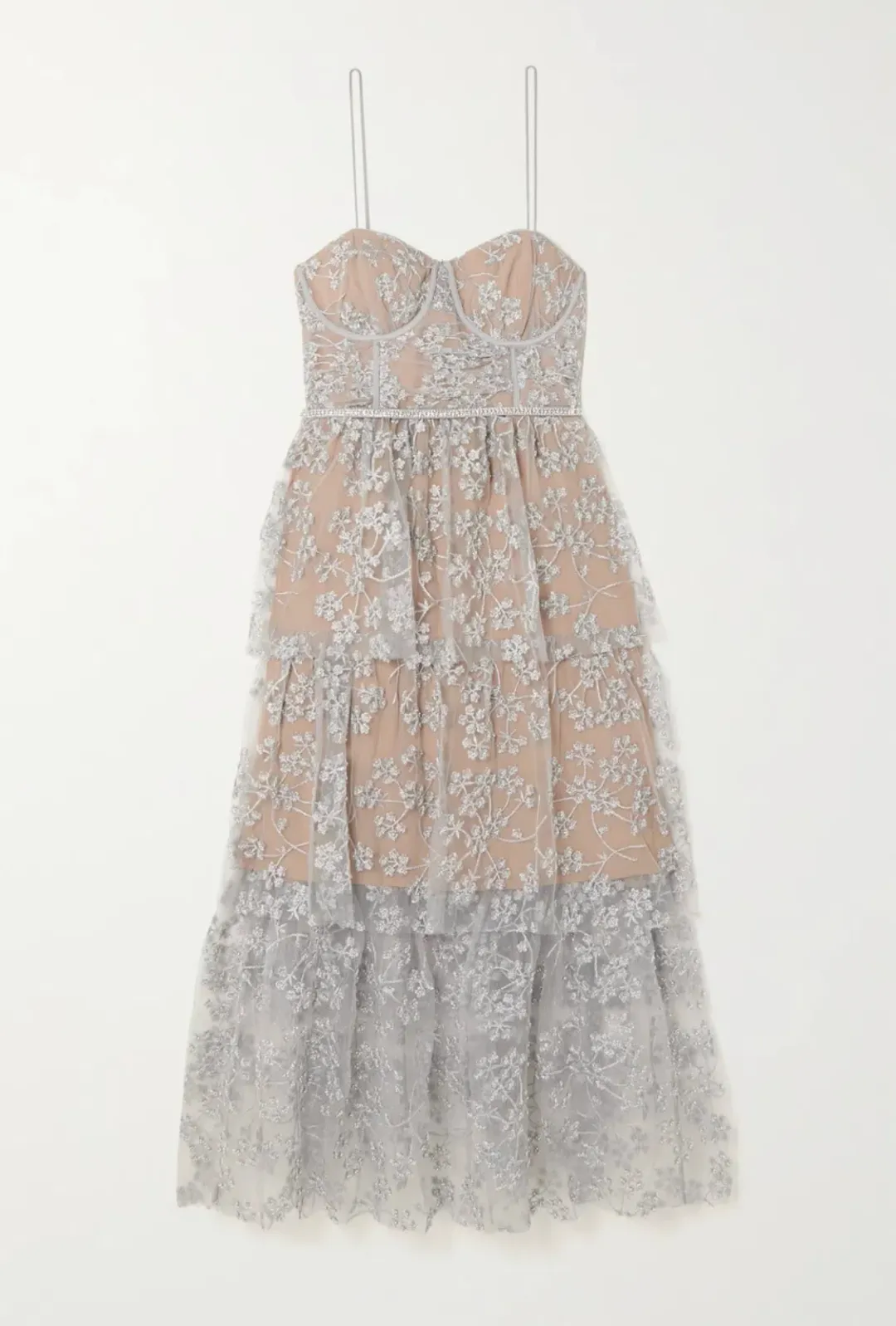 Self-Portrait Tiered Metallic Tulle Midi Dress Silver Size 12 for rent on The Volte - main image