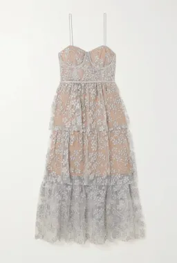 Self-Portrait Tiered Metallic Tulle Midi Dress Silver Size 12 for rent on The Volte - image 3