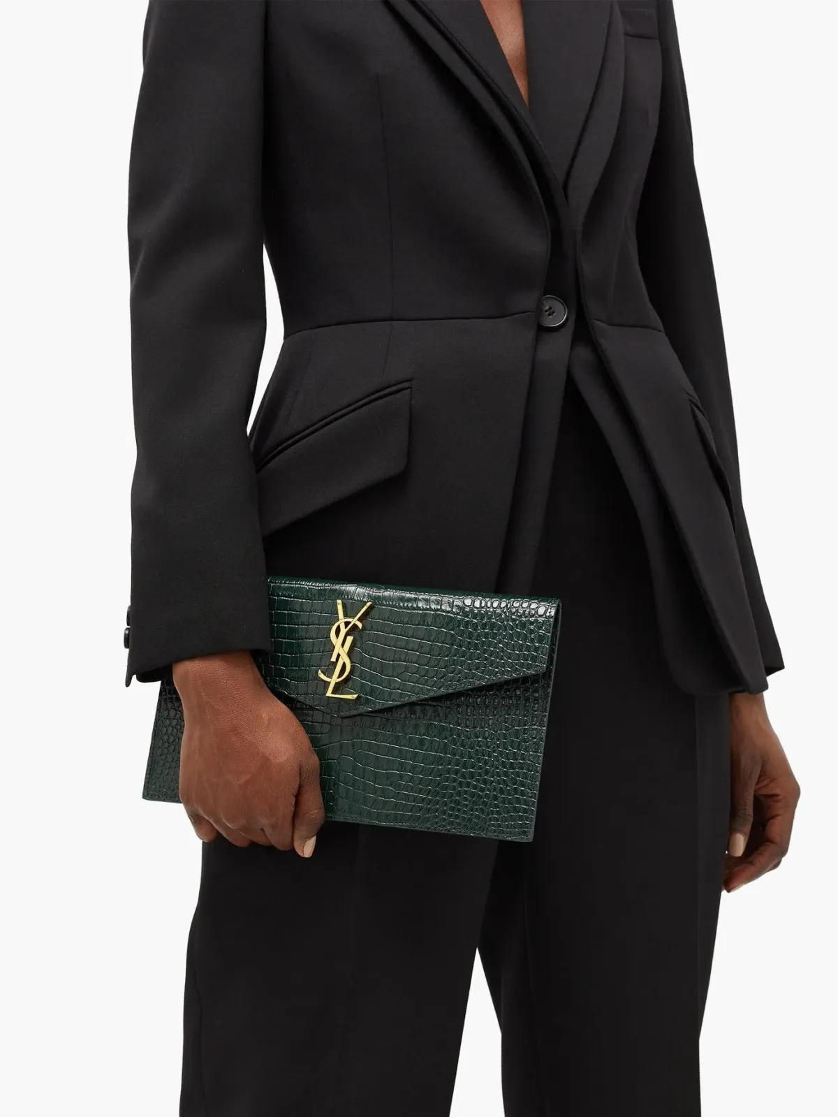 Saint Laurent Uptown Clutch Green Croc Embossed Leather for rent on The Volte - main image