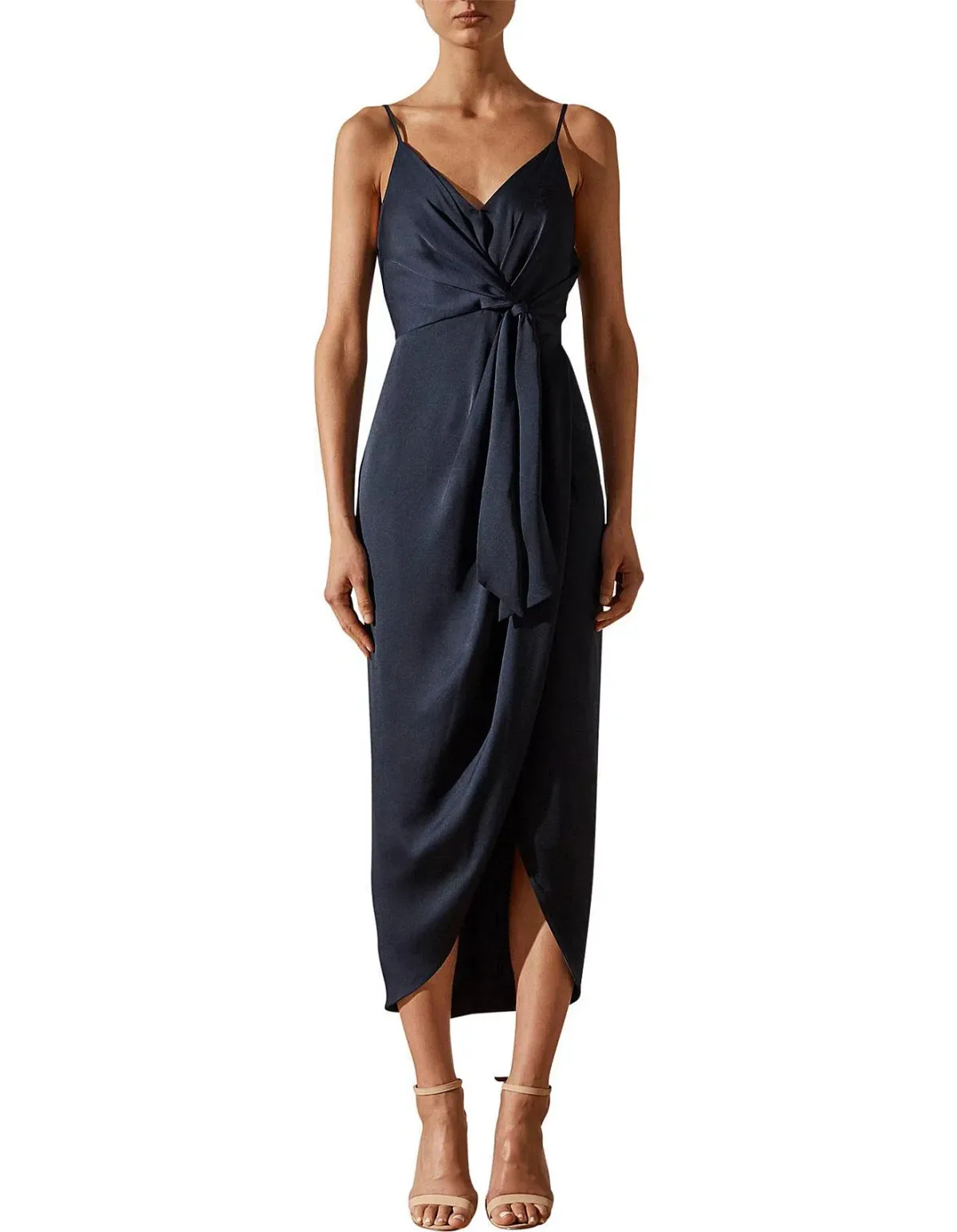 Shona Joy Luxe Tie Front Cocktail Midi Dress Navy Size 8 for rent on The Volte - main image