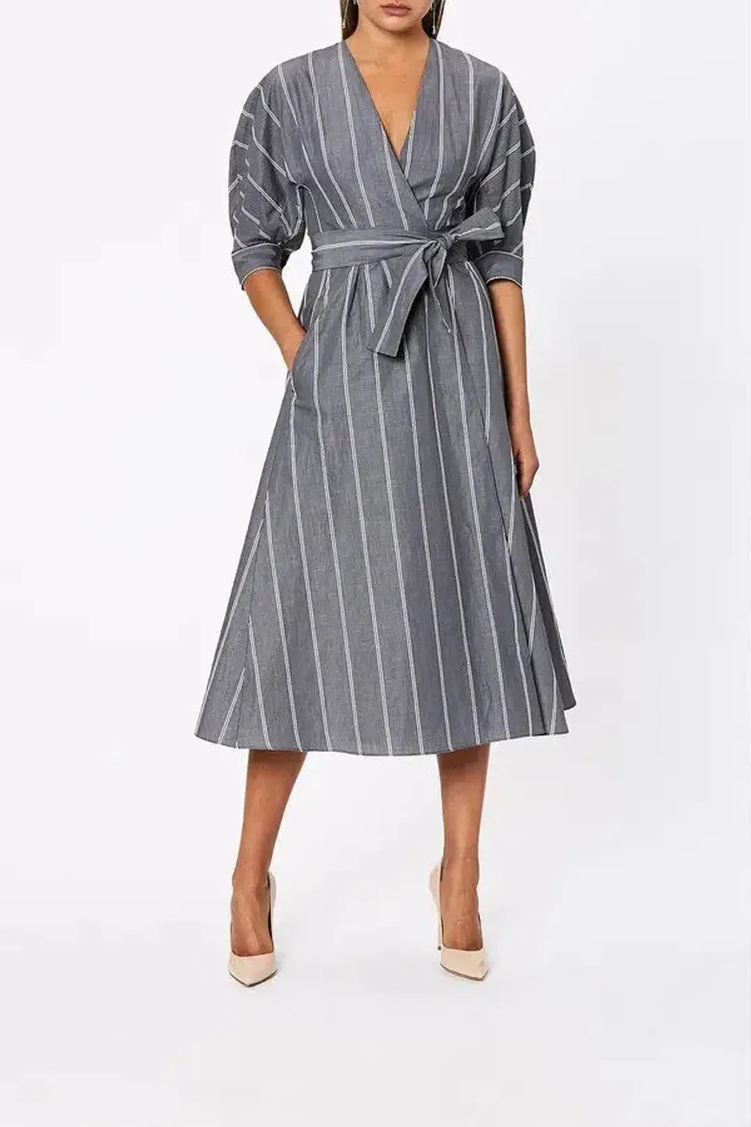 Scanlan Theodore The Stripe Cotton Wrap Dress Grey Size 6 for rent on The Volte - main image