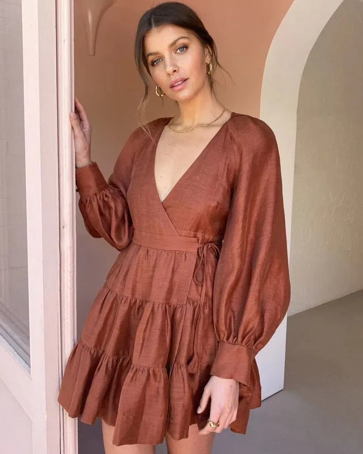 Shona Joy Elsa Wrap Mini Dress Burnt Red Size 8 for rent on The Volte - main image