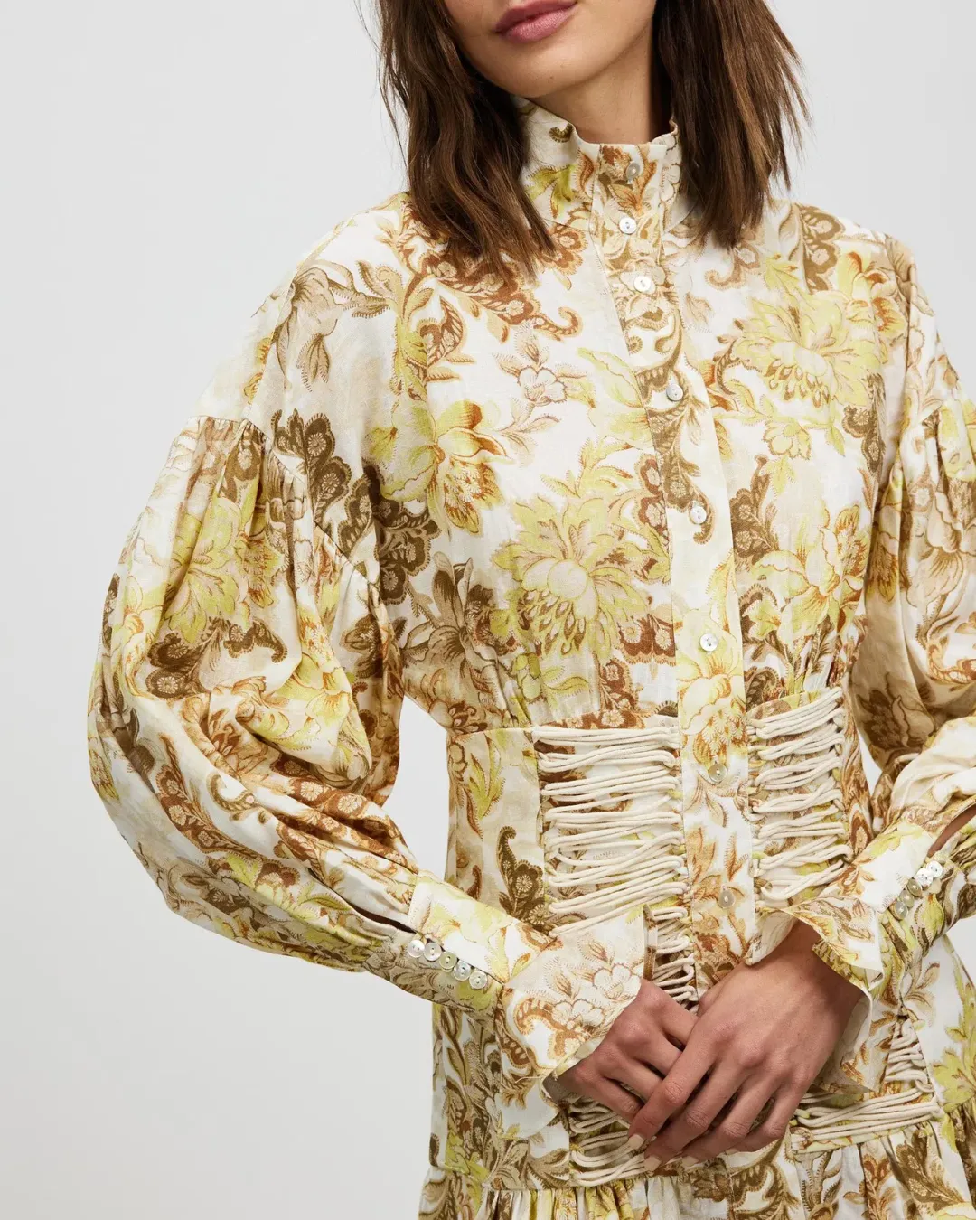 Alémais Bernadette Corset Mini Dress Long Sleeve Linen Print Size 8 for rent on The Volte - main image