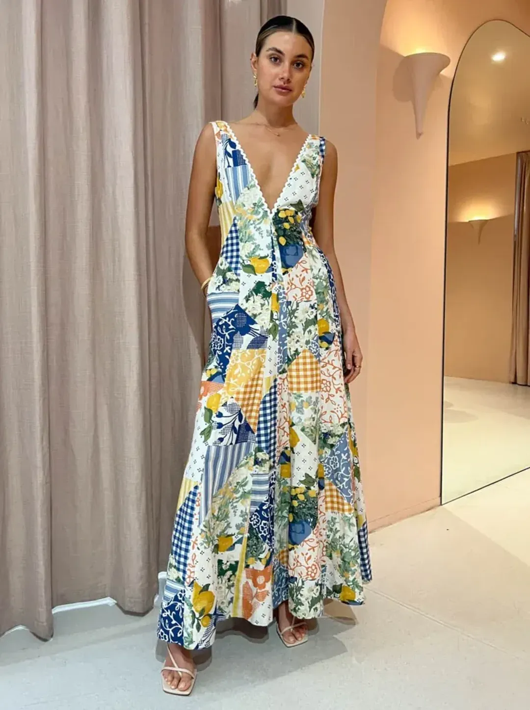 By Nicola Wavy Maxi Dress in Lemon Patchwork Multi-Colored Size AU 10 for rent on The Volte - main image
