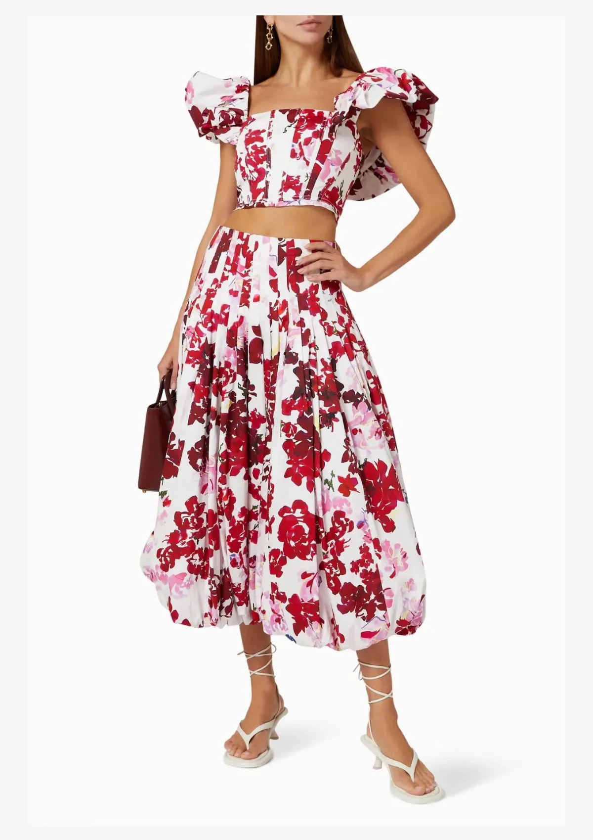Aje Margot Bubble Sleeve Top & Cherie Bubble Midi Skirt Set Roses of Provence Floral Print Size AU 16   for rent on The Volte - main image