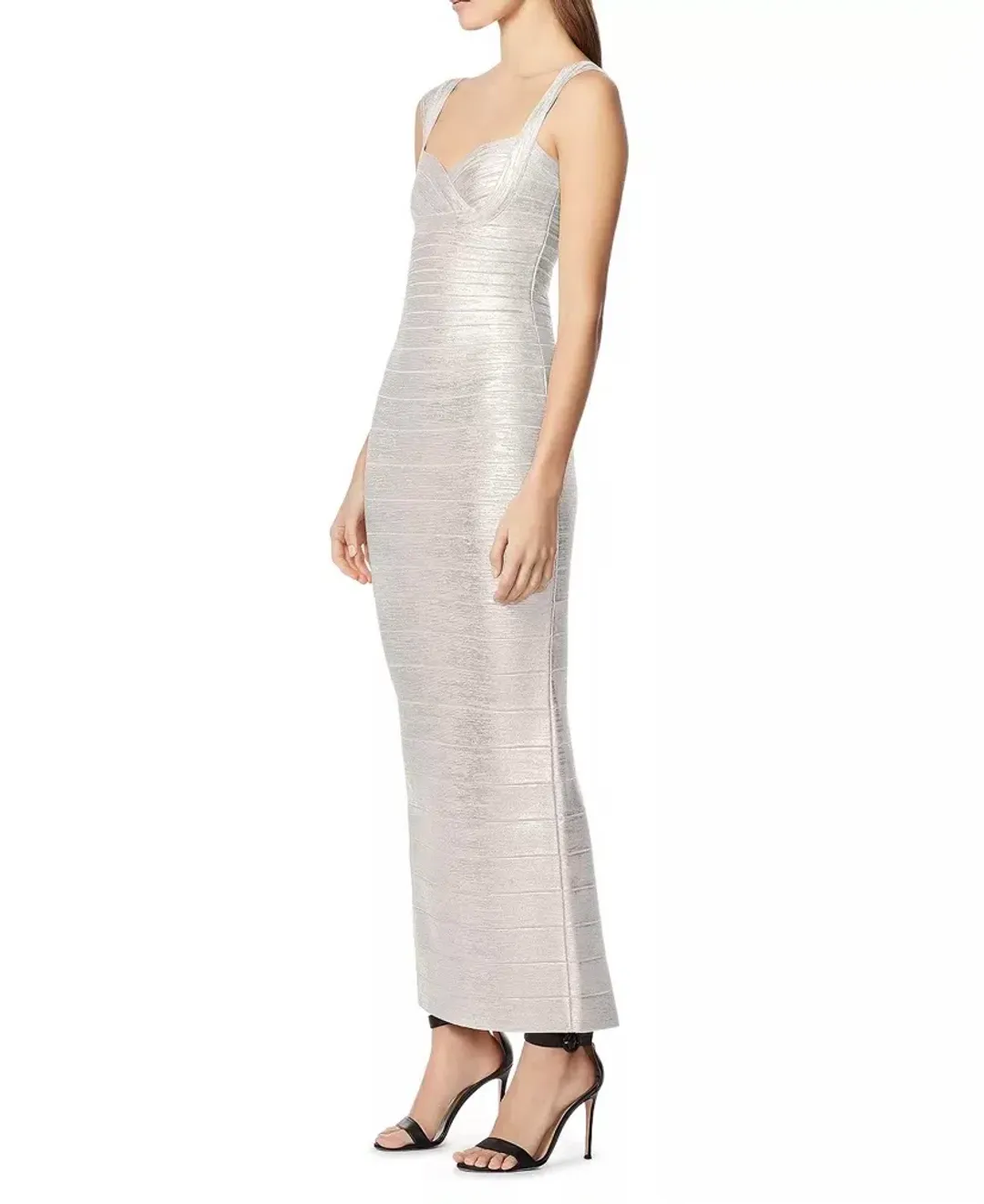 Herve Leger Sweetheart Banded Foil Gown Silver Size 8 for rent on The Volte - main image