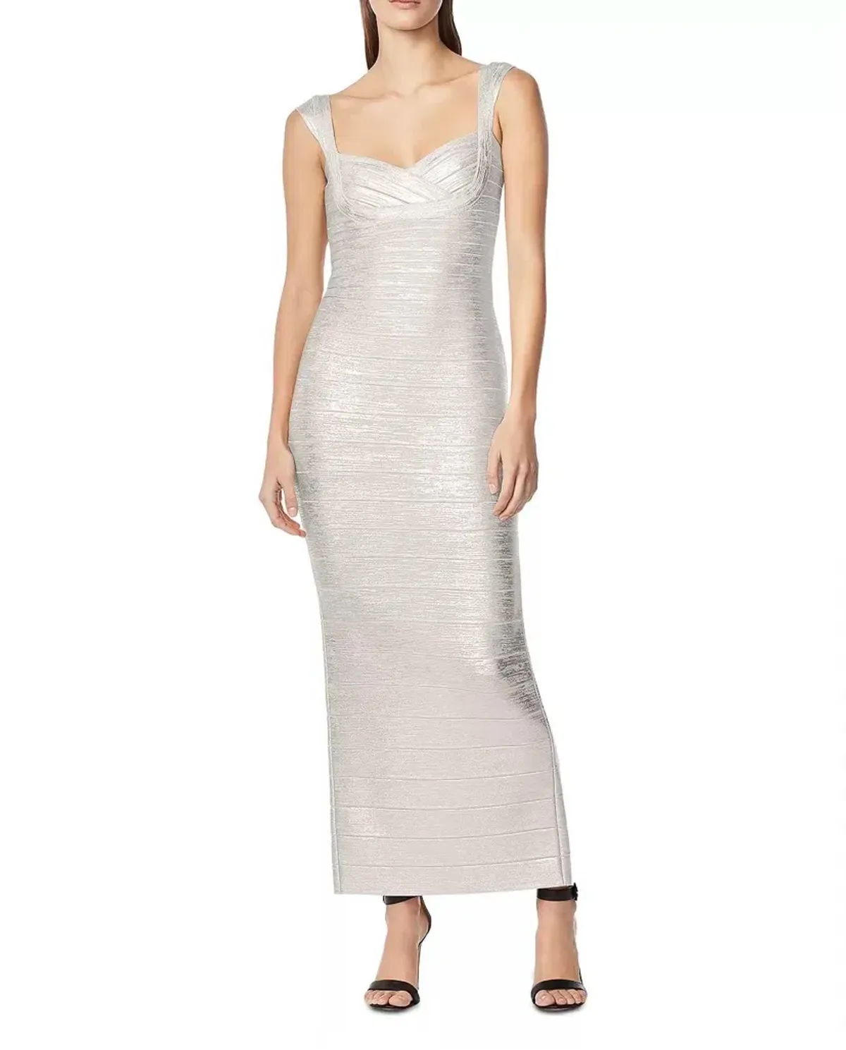 Herve Leger Sweetheart Banded Foil Gown Silver Size 8 for rent on The Volte - main image