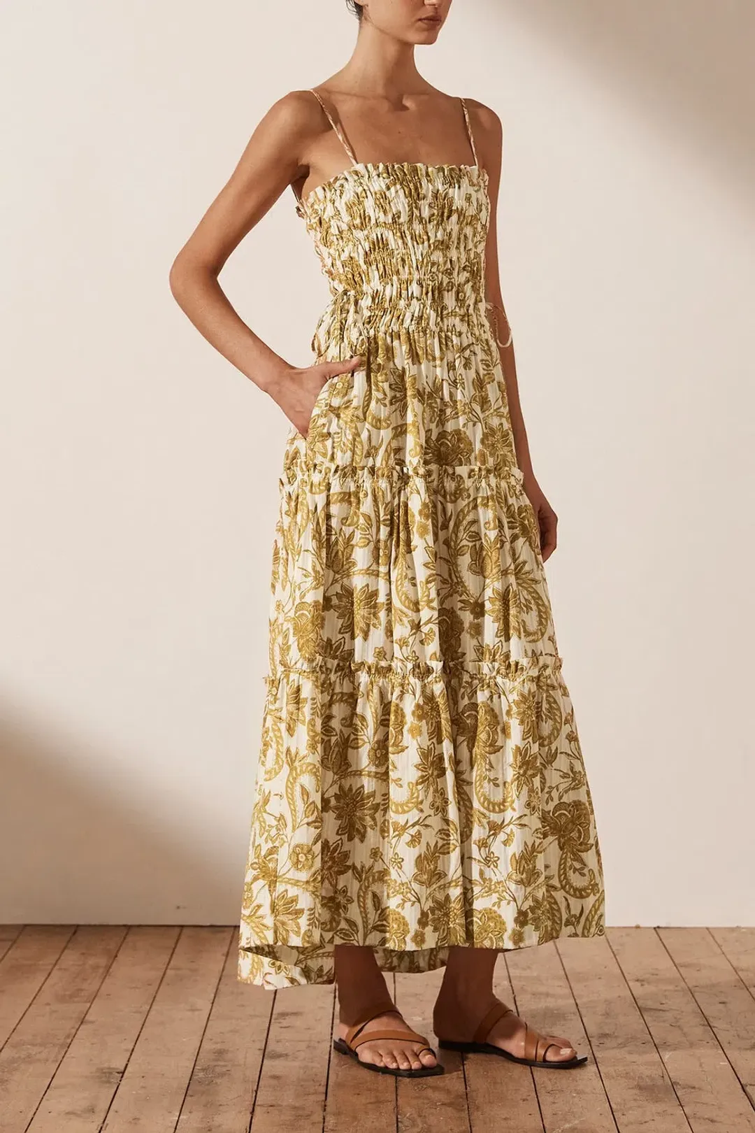 Shona Joy Saffron Shirred Tiered Midi Dress Print Size 14 for rent on The Volte - main image