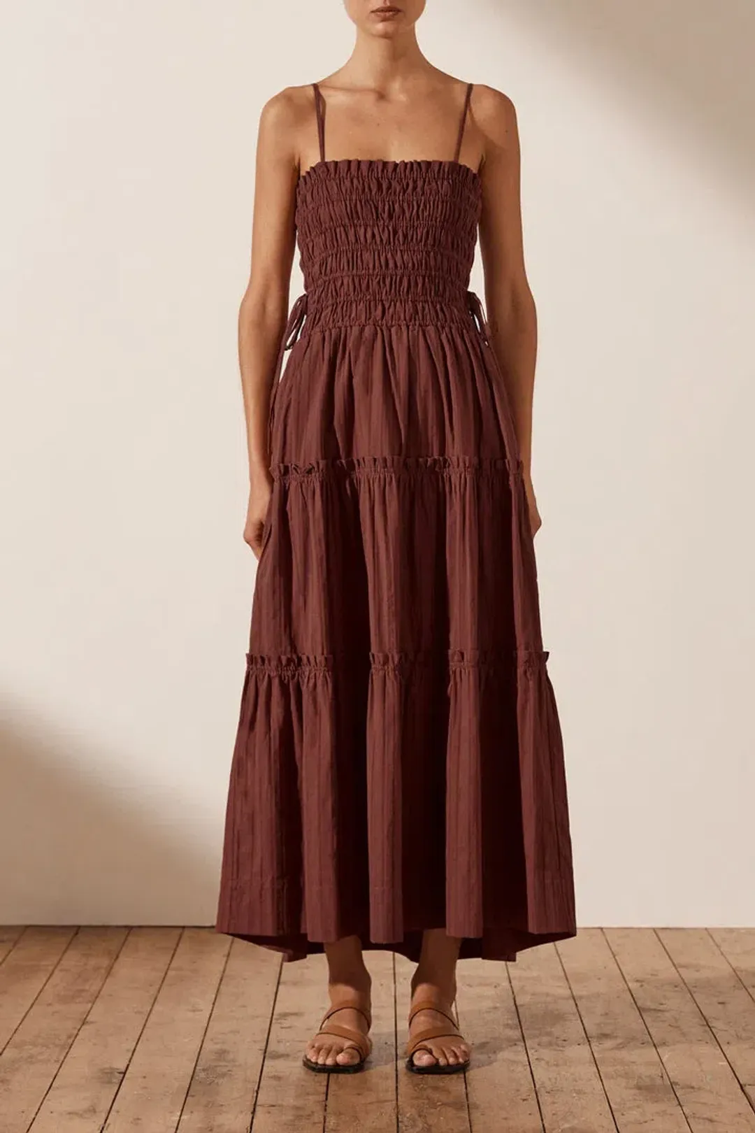 Shona Joy Kaia Shirred Tiered Midi Dress Chocolate Brown Size 14 for rent on The Volte - main image