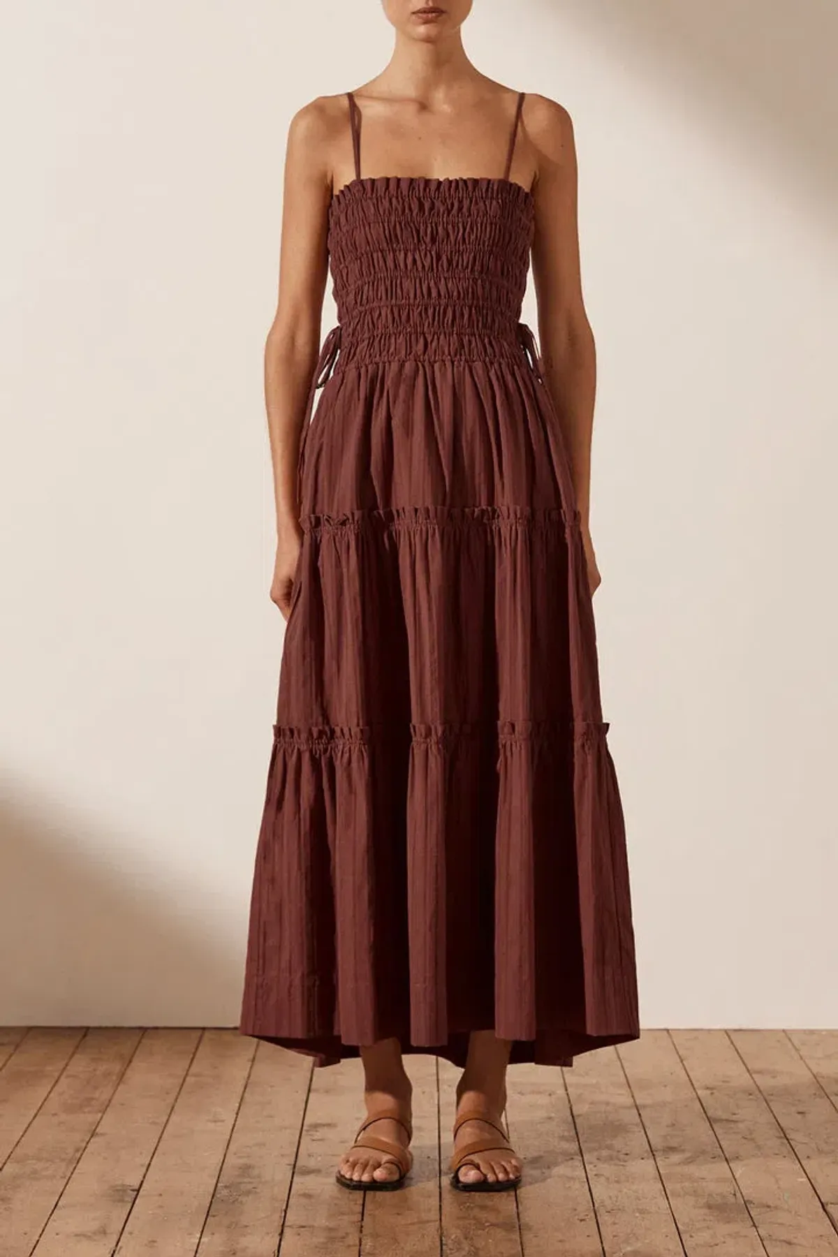 Shona Joy Kaia Shirred Tiered Midi Dress Chocolate Brown Size 14 for rent on The Volte - main image