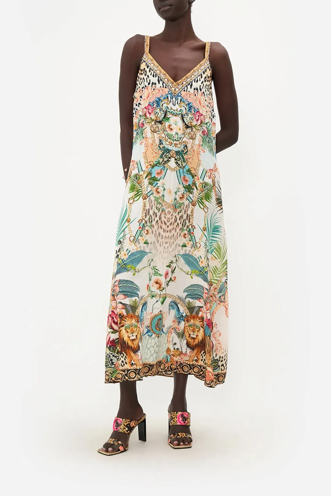 Camilla V Neck Midi Slip Dress Royalty Loyalty Print Size 10 for rent on The Volte - main image