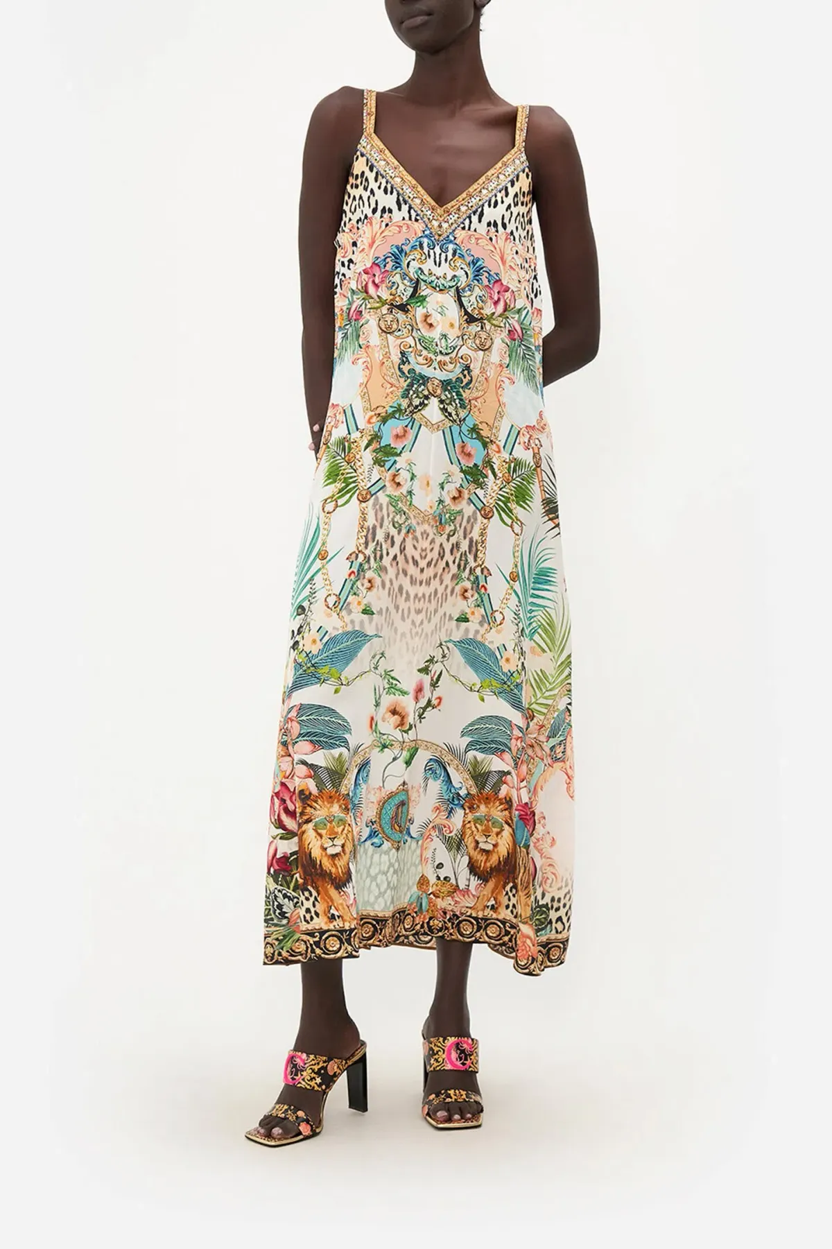 Camilla V Neck Midi Slip Dress Royalty Loyalty Print Size 10 for rent on The Volte - main image