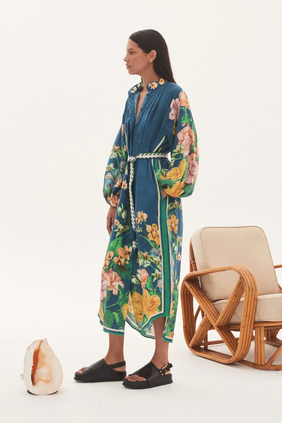 Alemais Lyla Midi Shirtdress Blue Linen Long Sleeve Button Down Floral Navy Size AU 10 for rent on The Volte - main image