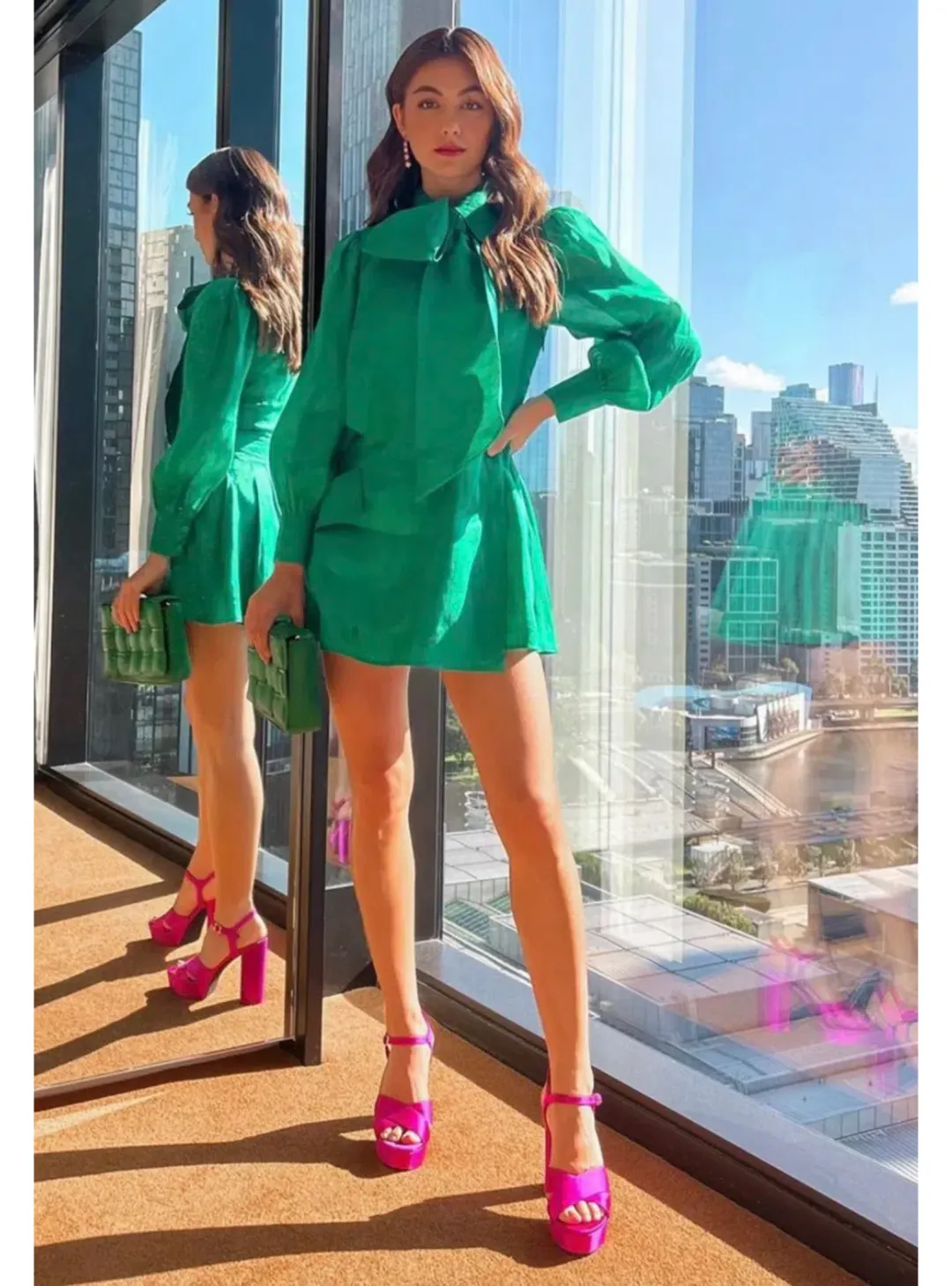 Leo Lin Viridian Silk Linen Tie Dress in Green Size AU 12 for rent on The Volte - main image