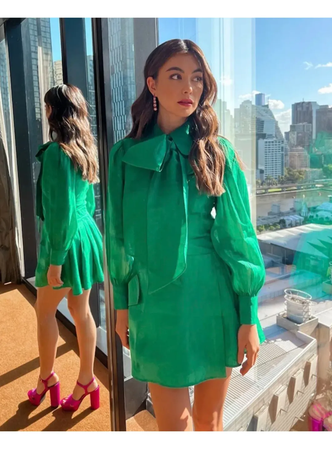 Leo Lin Viridian Silk Linen Tie Dress in Green Size AU 12 for rent on The Volte - main image