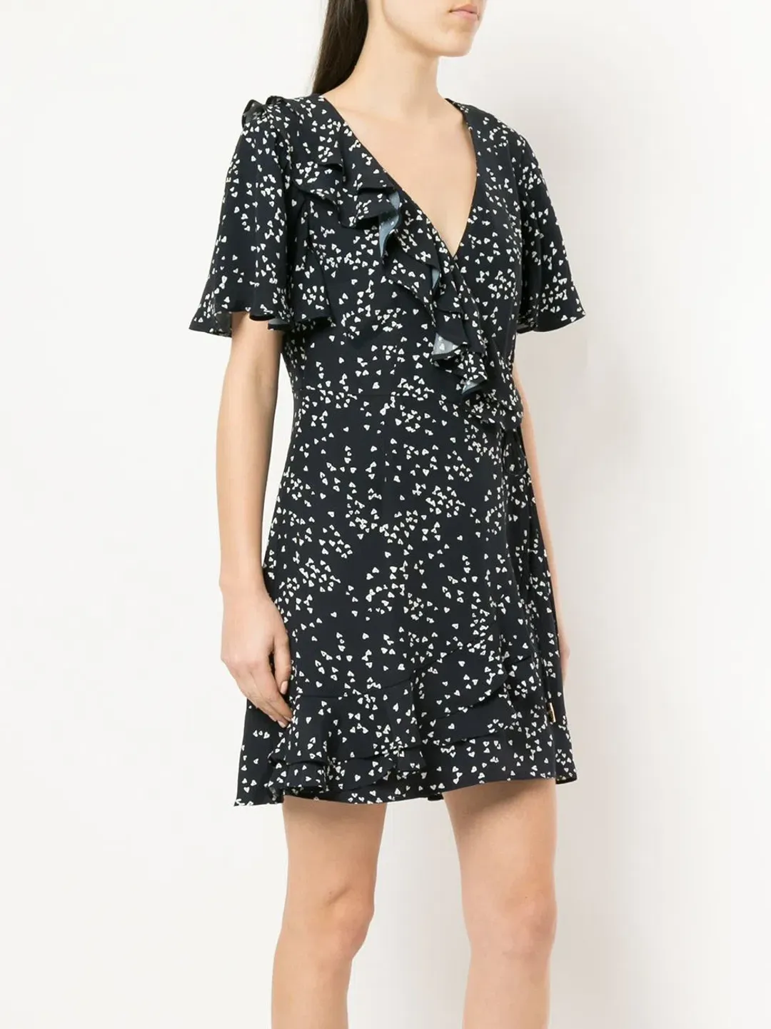 Rebecca Vallance Flores Ruffled Printed Crepe Wrap Mini Dress Navy Size 8 for rent on The Volte - main image