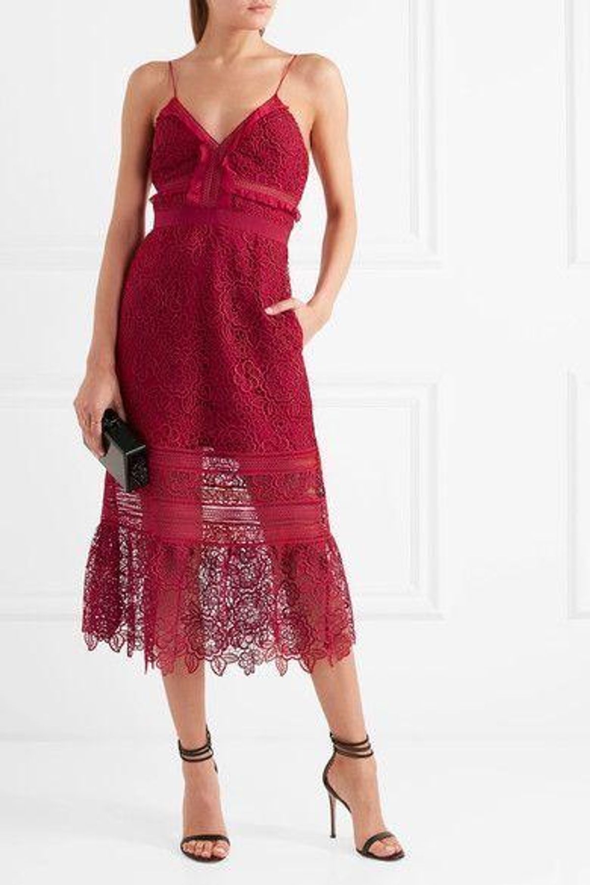 SELF-PORTRAIT ruffled georgette trimmed guipure lace dress for rent on The Volte - main image