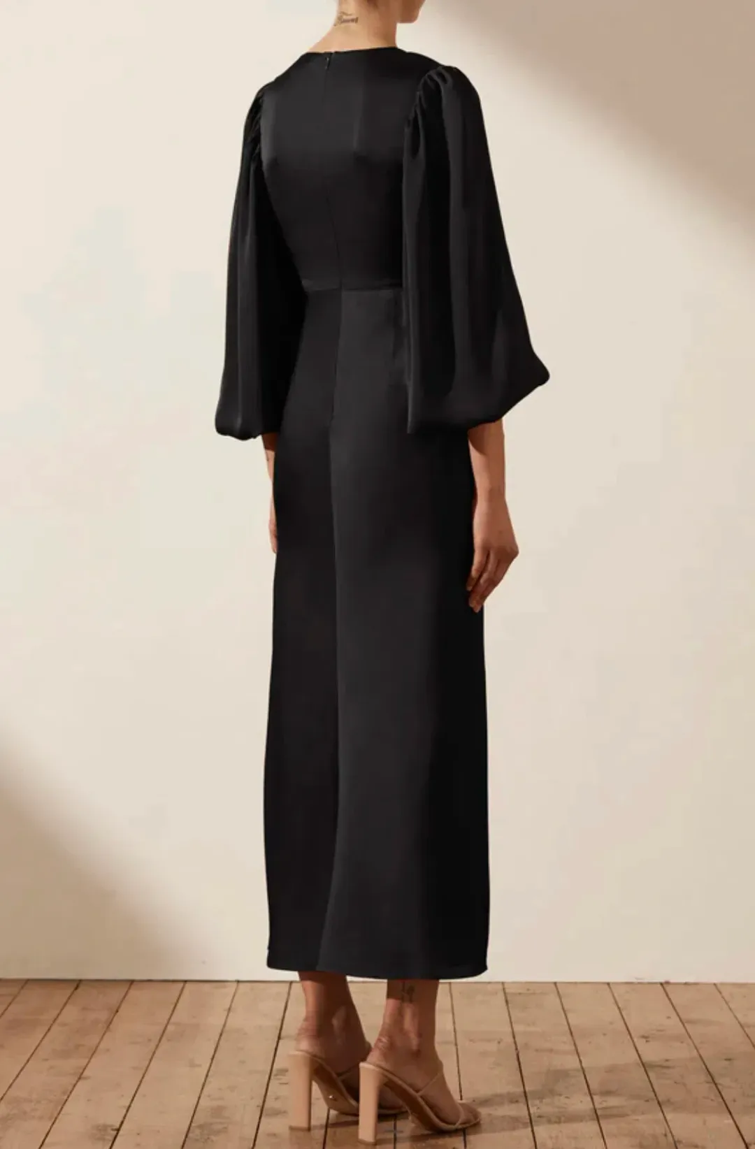 Shona Joy Luxe Twist Front Balloon Sleeve Midi Dress in Onyx Size 12 / L for rent on The Volte - main image